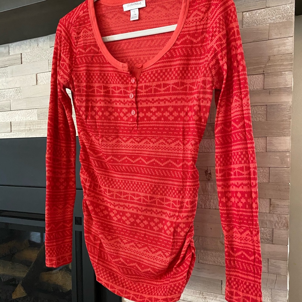 Motherhood Maternity red long-sleeve thermal shirt with snowflake design